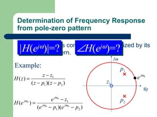 Determination of Frequency Response
 from pole-zero pattern


                                       ∠H(e )=?
 A    LTIjjω
           system is completely characterized by its
  |H(e )|=?
  |H(e )|=?ω
     pole-zero pattern.
                                  ω
                                 jjω
                                       ∠H(e )=?
                                                   Im
Example:                                                p1
               z − z1                                        e j ω0
H ( z) =
         ( z − p1 )( z − p2 )                 z1
                                                                 Re

                         e jω0 − z1                     p2
H (e jω0 ) =
               (e jω0   − p1 )(e jω0 − p2 )
 