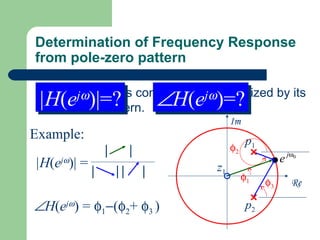Determination of Frequency Response
from pole-zero pattern


                                 ∠H(e )=?
A  LTIjjω
        system is completely characterized by its
        ω
 |H(e )|=?
 |H(e )|=?
  pole-zero pattern.
                               ω
                              jjω
                                 ∠H(e )=?
                                           Im
Example:                                         p1
                |        |                 φ2
     jω
|H(e )| =                                                  e j ω0
            |       ||       |        z1
                                                φ1    φ3       Re

∠H(ejω) = φ1−(φ2+ φ3 )                           p2
 