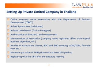 2
Setting Up Private Limited Company in Thailand
 Online company name reservation with the Department of Business
Develop...