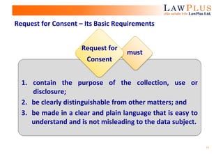 17
1. contain the purpose of the collection, use or
disclosure;
2. be clearly distinguishable from other matters; and
3. be made in a clear and plain language that is easy to
understand and is not misleading to the data subject.
Request for Consent – Its Basic Requirements
Request for
Consent
must
 
