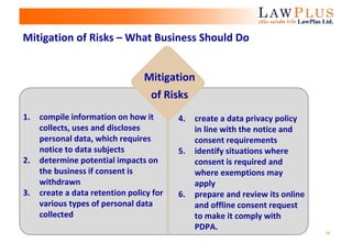 19
Mitigation of Risks – What Business Should Do
Mitigation
of Risks
1. compile information on how it
collects, uses and discloses
personal data, which requires
notice to data subjects
2. determine potential impacts on
the business if consent is
withdrawn
3. create a data retention policy for
various types of personal data
collected
4. create a data privacy policy
in line with the notice and
consent requirements
5. identify situations where
consent is required and
where exemptions may
apply
6. prepare and review its online
and offline consent request
to make it comply with
PDPA.
 
