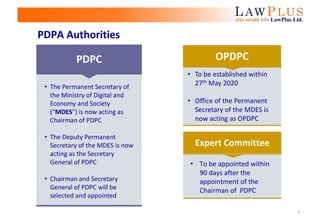 5
PDPA Authorities
PDPC
• The Permanent Secretary of
the Ministry of Digital and
Economy and Society
(“MDES”) is now acting as
Chairman of PDPC
• The Deputy Permanent
Secretary of the MDES is now
acting as the Secretary
General of PDPC
• Chairman and Secretary
General of PDPC will be
selected and appointed
OPDPC
• To be established within
27th May 2020
• Office of the Permanent
Secretary of the MDES is
now acting as OPDPC
Expert Committee
• To be appointed within
90 days after the
appointment of the
Chairman of PDPC
 
