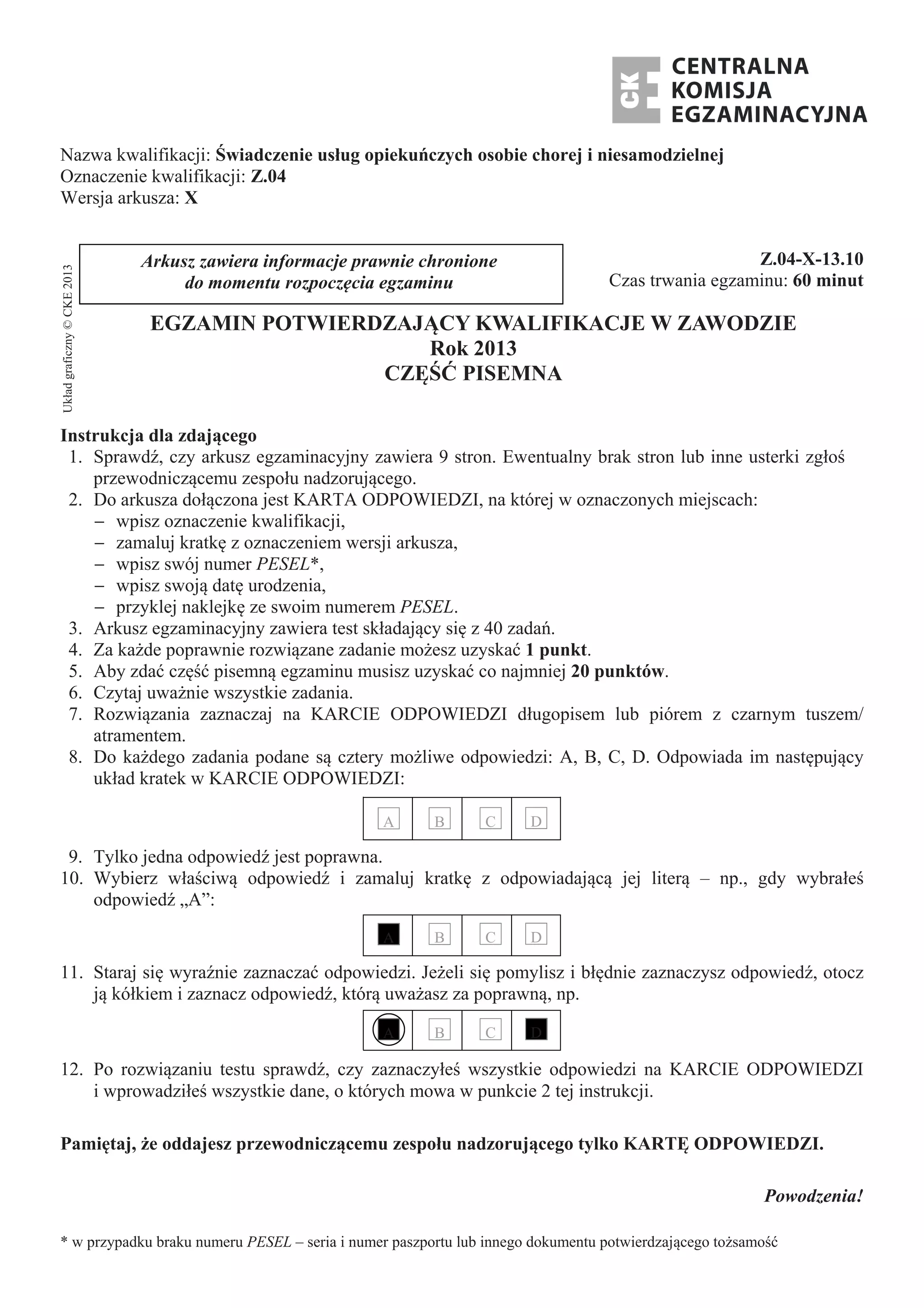Z 04 2013_10_x Egzamin pisemny potwierdzający kwalifikacje w zawodzie