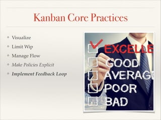 Kanban Core Practices
❖ Visualize
❖ Limit Wip
❖ Manage Flow
❖ Make Policies Explicit
❖ Implement Feedback Loop
 