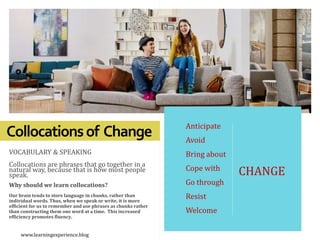 Collocationsof Change
VOCABULARY & SPEAKING
Collocations are phrases that go together in a
natural way, because that is how most people
speak.
Why should we learn collocations?
Our brain tends to store language in chunks, rather than
individual words. Thus, when we speak or write, it is more
efficient for us to remember and use phrases as chunks rather
than constructing them one word at a time. This increased
efficiency promotes fluency.
• Anticipate
• Avoid
• Bring about
• Cope with
• Go through
• Resist
• Welcome
CHANGE
www.learningexperience.blog
 