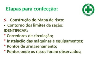 Etapas para confecção:
6 – Construção do Mapa de risco:
• Contorno dos limites da seção:
IDENTIFICAR:
* Corredores de circulação;
* Instalação das máquinas e equipamentos;
* Pontos de armazenamento;
* Pontos onde os riscos foram observados;
 