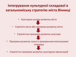 Інтегрування культурної складової в
загальноміську стратегію міста Вінниці
• Культурна основа розвитку міста
• Стратегія міста або програма розвитку міста
• Стратегічна програма розвитку культури
• Програма розвитку галузі із врахуванням міжгалузевої
співпраці
• Стратегічні програми розвитку культурних організацій
 