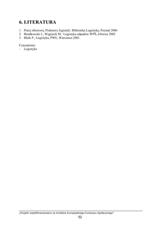 „Projekt współfinansowany ze środków Europejskiego Funduszu Społecznego”
52
6. LITERATURA
1. Praca zbiorowa, Podstawy logistyki. Biblioteka Logistyka, Poznań 2006
2. Bendkowski J., Węgierek M.: Logistyka odpadów WPŚ, Gliwice 2002
3. Blaik P., Logistyka, PWE, Warszawa 2001
Czasopisma:
– Logistyka
 