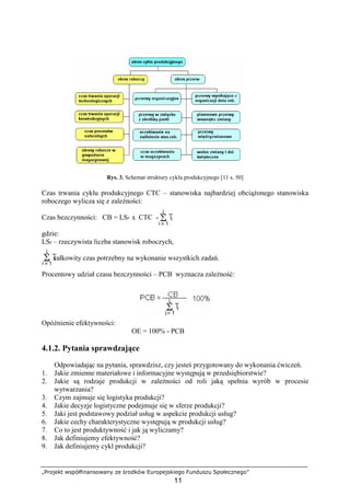 „Projekt współfinansowany ze środków Europejskiego Funduszu Społecznego”
11
Rys. 3. Schemat struktury cyklu produkcyjnego [11 s. 50]
Czas trwania cyklu produkcyjnego CTC – stanowiska najbardziej obciąŜonego stanowiska
roboczego wylicza się z zaleŜności:
Czas bezczynności: CB = LSr x CTC -
gdzie:
LSr – rzeczywista liczba stanowisk roboczych,
całkowity czas potrzebny na wykonanie wszystkich zadań.
Procentowy udział czasu bezczynności – PCB wyznacza zaleŜność:
Opóźnienie efektywności:
OE = 100% - PCB
4.1.2. Pytania sprawdzające
Odpowiadając na pytania, sprawdzisz, czy jesteś przygotowany do wykonania ćwiczeń.
1. Jakie zmienne materiałowe i informacyjne występują w przedsiębiorstwie?
2. Jakie są rodzaje produkcji w zaleŜności od roli jaką spełnia wyrób w procesie
wytwarzania?
3. Czym zajmuje się logistyka produkcji?
4. Jakie decyzje logistyczne podejmuje się w sferze produkcji?
5. Jaki jest podstawowy podział usług w aspekcie produkcji usług?
6. Jakie cechy charakterystyczne występują w produkcji usług?
7. Co to jest produktywność i jak ją wyliczamy?
8. Jak definiujemy efektywność?
9. Jak definiujemy cykl produkcji?
 