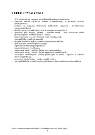 „Projekt współfinansowany ze środków Europejskiego Funduszu Społecznego”
6
3. CELE KSZTAŁCENIA
W wyniku realizacji programu jednostki modułowej powinieneś umieć:
– rozpoznać zadania logistyczne procesu technologicznego na podstawie strategii
przedsiębiorstwa,
– posłuŜyć się pojęciami; skuteczność, efektywność, wydajność i produktywność
w procesie produkcji,
– określić rolę procesu technologicznego w harmonogramie produkcji,
– sporządzić plan wstępny, główny – średniookresowy i plan strategiczny zadań
produkcyjnych na podstawie prognoz i popytu,
– określić elementy wspólne w realizacji zadań produkcyjnych,
– sporządzić plan przepływu materiału,
– pozyskać informację wykorzystywane w sterowaniu produkcją,
– sporządzić plan potencjału produkcyjnego,
– zaprojektować harmonogram produkcji,
– uruchomić zlecenie produkcyjne,
– wykorzystać metody i techniki słuŜące sterowaniu produkcją,
– wykorzystać metody i techniki słuŜące podnoszeniu produktywności,
– wykorzystać informatyczne systemy produkcyjne do analiz i raportów w zakresie
sterowania produkcją,
– zastosować monitorowanie i pomiar produktywności,
– sporządzić kalkulację zadań logistycznych obszaru planowania i sterowania produkcją.
 