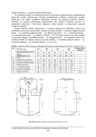 „Projekt współfinansowany ze środków Europejskiego Funduszu Społecznego”
24
Tabele wymiarów – czytanie rysunku technicznego
W produkcji odzieży na skalę przemysłową wykonuje się dokumentację technologiczną
pełną dla wyrobu odzieżowego. Zostają wystopniowane szablony, opracowany rysunek
techniczny oraz tabela wymiarów elementów wyrobu dla różnych wielkości odzieży.
Wymiary na rysunku technicznym opracowanym dla różnych wielkości oznacza się
symbolami cyfrowymi i literowymi, mającymi ścisły związek z oznaczeniami użytymi
w tabeli wymiarów.
Każdy element odzieży narysowany w rysunku technicznym oddzielnie oznacza się
symbolami cyfrowymi, przód bluzki oznacza się cyfrą arabską 1, natomiast długość przodu
bluzki – 1a, wysokość podkroju pachy – 1b, długość kieszonki – 1c, ½ szerokości przodu –
1d, szerokość kieszonki – 1e, długość ramienia – 1f. Tył bluzki oznacza się cyfrą arabską
2, natomiast długość od podkroju pachy – 2a, długość bluzki – 2b, szerokość pleców 2c,
szerokość bluzki 2d. Rękaw oznacza się cyfrą arabską – 3, natomiast długość rękawa – 3a,
wysokość podkroju – 3b, szerokość rękawa – 3c. (rys. 28)
Tabela 1. Fragment tabeli wymiarów przodu bluzki dziewczęcej. Grupa modelowa II (od 6 do 11 lat) [6, s. 69].
Wzrost w cm 122 128 134 140
Dopuszczalne
odchyłki
Obwód klatki piersiowej
w cm
64 60 68 64 72 68 76
Lp.
Obwód pasa w cm 57 54 60 57 63 60 66
1. Przód
1a Długość przodu bluzki 57 58 59 60 61 62 63 1
1b Wysokość podkroju pachy 16 17 18 19 20 21 22 1
1c długość kieszonki 9 9,5 10 10,5 11 11 11,5 –
1d ½ szerokości przodu 20 21 22 23 24 25 26 1
1e Szerokość kieszonki 8 8 9 9 10 10 11 –
1f Długość ramienia 10 10 11 11 12 12 13 0,5
Rys. 28. Rysunek techniczny przodu i tyłu bluzki [9, s. 36].
 