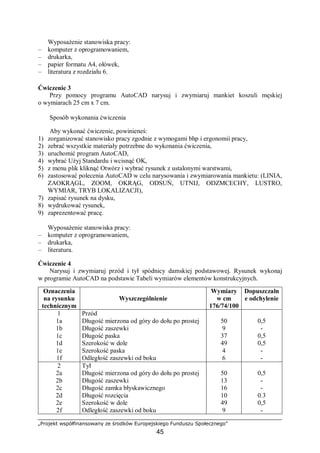 „Projekt współfinansowany ze środków Europejskiego Funduszu Społecznego”
45
Wyposażenie stanowiska pracy:
– komputer z oprogramowaniem,
– drukarka,
– papier formatu A4, ołówek,
– literatura z rozdziału 6.
Ćwiczenie 3
Przy pomocy programu AutoCAD narysuj i zwymiaruj mankiet koszuli męskiej
o wymiarach 25 cm x 7 cm.
Sposób wykonania ćwiczenia
Aby wykonać ćwiczenie, powinieneś:
1) zorganizować stanowisko pracy zgodnie z wymogami bhp i ergonomii pracy,
2) zebrać wszystkie materiały potrzebne do wykonania ćwiczenia,
3) uruchomić program AutoCAD,
4) wybrać Użyj Standardu i wcisnąć OK,
5) z menu plik kliknąć Otwórz i wybrać rysunek z ustalonymi warstwami,
6) zastosować polecenia AutoCAD w celu narysowania i zwymiarowania mankietu: (LINIA,
ZAOKRĄGL, ZOOM, OKRĄG, ODSUŃ, UTNIJ, ODZMCECHY, LUSTRO,
WYMIAR, TRYB LOKALIZACJI),
7) zapisać rysunek na dysku,
8) wydrukować rysunek,
9) zaprezentować pracę.
Wyposażenie stanowiska pracy:
– komputer z oprogramowaniem,
– drukarka,
– literatura.
Ćwiczenie 4
Narysuj i zwymiaruj przód i tył spódnicy damskiej podstawowej. Rysunek wykonaj
w programie AutoCAD na podstawie Tabeli wymiarów elementów konstrukcyjnych.
Oznaczenia
na rysunku
technicznym
Wyszczególnienie
Wymiary
w cm
176/74/100
Dopuszczaln
e odchylenie
1
1a
1b
1c
1d
1e
1f
Przód
Długość mierzona od góry do dołu po prostej
Długość zaszewki
Długość paska
Szerokość w dole
Szerokość paska
Odległość zaszewki od boku
50
9
37
49
4
6
0,5
-
0,5
0,5
-
-
2
2a
2b
2c
2d
2e
2f
Tył
Długość mierzona od góry do dołu po prostej
Długość zaszewki
Długość zamka błyskawicznego
Długość rozcięcia
Szerokość w dole
Odległość zaszewki od boku
50
13
16
10
49
9
0,5
-
-
0.3
0,5
-
 