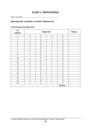 „Projekt współfinansowany ze środków Europejskiego Funduszu Społecznego”
46
KARTA ODPOWIEDZI
Imię i nazwisko ...............................................................................
Sporządzanie rysunków wyrobów odzieżowych
Zakreśl poprawną odpowiedź.
Nr
zadania
Odpowiedź Punkty
1 a b c d
2 a b c d
3 a b c d
4 a b c d
5 a b c d
6 a b c d
7 a b c d
8 a b c d
9 a b c d
10 a b c d
11 a b c d
12 a b c d
13 a b c d
14 a b c d
15 a b c d
16 a b c d
17 a b c d
18 a b c d
19 a b c d
20 a b c d
Razem:
 