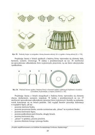 „Projekt współfinansowany ze środków Europejskiego Funduszu Społecznego”
31
Rys. 25. Podziały linijne: a) niezgodne z formą elementu odzieży, b) i c) zgodne z formą odzieży [4, s. 154].
Projektując fasony o liniach zgodnych z budową formy wprowadza się elementy ładu,
harmonii, symetrii, równowagi. W żadnej z przedstawionych na rys. 26 możliwości
nie spowodowano odkształcenia form wyjściowych, przeciwnie, są one łatwo odczytywalne
i podkreślone.
Rys. 26. Podziały liniowe zgodne z budową formy w fasonach spódnic (zdobionych frędzlami) o kształcie:
a) kwadratu, b) prostokąta, c) trapezu, d) koła [5, s. 82].
Projektując fasony o liniach niezgodnych z budową formy wprowadza się elementy
chaosu, dysharmonii, asymetrii, niepokoju. W każdej z przedstawionych na rys. 27
możliwości spowodowano odkształcenie (pozorne) form wyjściowych. Kształty są zamazane,
wzrok koncentruje się na liniach podziału. Taki wygląd fasonów powoduje deformacje
w wyglądzie figury, jak np.:
− pozornie nierówne biodra,
− pozornie poszerzone biodra, szeroko rozstawione uda, „dziura” na wysokości bioder,
− pozorna nierówność figury,
− pozorne podkreślenie partii brzucha, okrągły brzuch,
− pozorna nierówność nóg,
− „dziura” w spódnicy, pozorny prześwit,
− pozorne obniżenie lewego i prawego biodra.
 