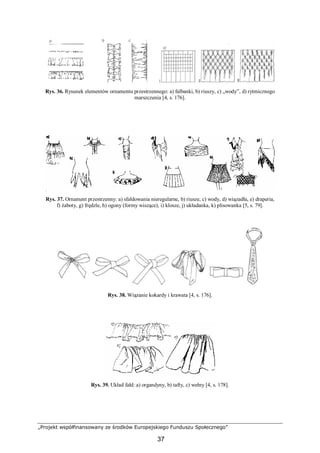 „Projekt współfinansowany ze środków Europejskiego Funduszu Społecznego”
37
Rys. 36. Rysunek elementów ornamentu przestrzennego: a) falbanki, b) riuszy, c) „wody”, d) rytmicznego
marszczenia [4, s. 176].
Rys. 37. Ornament przestrzenny: a) sfałdowania nieregularne, b) riusze, c) wody, d) wiązadła, e) draperia,
f) żaboty, g) frędzle, h) ogony (formy wiszące), i) klosze, j) układanka, k) plisowanka [5, s. 79].
Rys. 38. Wiązanie kokardy i krawata [4, s. 176].
Rys. 39. Układ fałd: a) organdyny, b) tafty, c) wełny [4, s. 178].
 