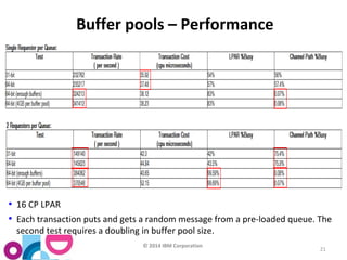 © 2014 IBM Corporation 
21 
Buffer pools – Performance 
• 16 CP LPAR 
• Each transaction puts and gets a random message from a pre-loaded queue. The 
second test requires a doubling in buffer pool size. 
 