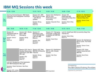 IBM MQ Sessions this week 
10:30 - 12:00 13:15 - 14:15 14:30 - 15:30 16:00 - 17:00 17:15 - 18:15 
© 2014 IBM Corporation 
Tue 
sday 
Opening General Session- IBM Digital 
Experience and WebSphere Technical 
University 
Session A31: IBM 
MQ CHLAUTH rules 
– with MQ V8 
updates 
Speaker: Morag 
Hughson 
Room 02 
Session A4: WebSphere 
MQ for z/OS: 
Performance and 
Accounting 
Speaker: Alexander Ross 
Room 8 
Session I26: 
DataPower-MQ 
Connectivity Deep Dive 
(Theory) 
Speaker: Robin Wiley 
Room 27 
Session Z1: WebSphere 
MQ for z/OS V8: Latest 
Features Deep Dive 
Speaker: Damon Cross 
Room 6 
9:00 - 10:00 10:30 - 11:30 11:45 - 12:45 14:00 - 15:00 15:15 - 16:15 16:45 - 17:45 
Wed 
nes 
day 
Session Z5: 
WebSphere MQ for 
z/OS: Security 
Speaker: Damon 
Cross 
Room 02 
Session A21: What's 
New in IBM 
Messaging 
Speaker: Morag 
Hughson 
Room 8 
Session C7: 
Messaging in the 
Cloud with IBM MQ 
Light and IBM 
Bluemix 
Speaker: Rob 
Nicholson 
Room 27 
Session A17: Managing 
work-loads, scaling and 
availability with IBM MQ 
clusters 
Speaker: David Ware 
Room 6 
Lab IL5: DataPower-MQ Connectivity Deep Dive 
(Hands-On) 
Speaker: Robin Wiley 
Room 7b 
Session A9: WebSphere 
MQ for z/OS: The Inside 
Story 
Speaker: Damon Cross 
Room 6 
Thur 
sday 
Session A35: How to 
Develop Responsive 
Applications with IBM 
MQ Light 
Speaker: Rob 
Nicholson 
Room 27 
Session A22: New 
IBM MQ V8 Security 
Features 
Speaker: Morag 
Hughson 
Room 01 
Session A3: WebSphere 
MQ for z/OS: Shared 
Queues 
Speaker: Alex Ross 
Room 6 
Session A18: Using 
Publish /Subscribe with 
IBM MQ 
Speaker: David Ware 
Room 27 
Frid 
ay 
Lab AL6: Developing a First Application 
with IBM WebSphere MQ Light 
Speakers: Robert Nicholson, Alex Ross 
Room 7b 
Session A16: Using 
IBM MQ Pub/Sub in 
 