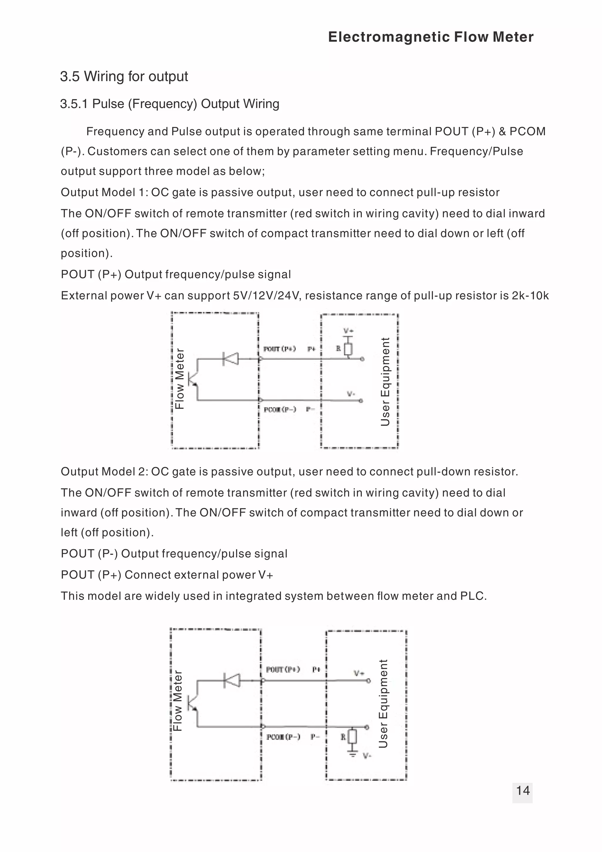 Sensor Signal
SIG1 Signal 1
SGND Signal Ground
SIG2 Signal 2
EXT+ Exciting Current+
EXT- Exciting Current-
Analog Current Output
Ivee 24V DC Power Supply for 4-20mA Output
IOUT+ Analog Current Output
ICOM- Analog Current Output Ground
Pulse/frequency Output POUT+ Frequency (Pulse) Output+
PCOM- Frequency (Pulse) Ground
Digital Signal Output DOUT+ Digital Signal Output+
DOUT- Digital Signal Ground
RS485 (Function Optional) TRX+ Communication RS485+
TRX- Communication RS485-
 