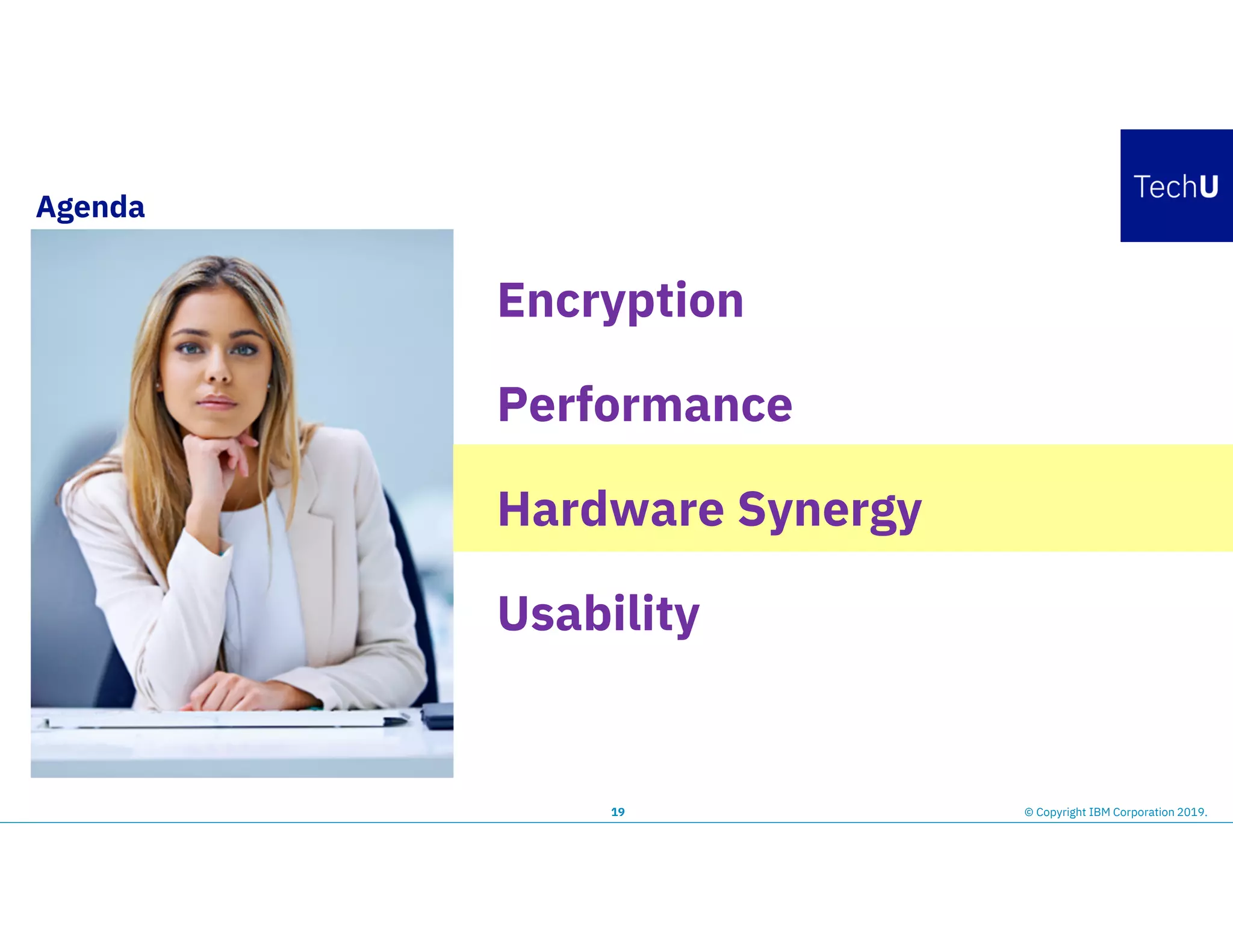 Agenda
19
Encryption
Performance
Hardware Synergy
Usability
© Copyright IBM Corporation 2019.
 