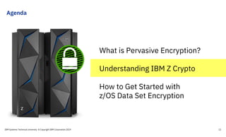 Agenda
IBM Systems Technical University © Copyright IBM Corporation 2019 12
What is Pervasive Encryption?
Understanding IBM Z Crypto
How to Get Started with
z/OS Data Set Encryption
 