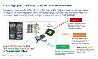 Protecting Operational Keys: Using Secure & Protected Keys
Operational keys should not be stored in the clear in the host environment. Secure keys are
strongly recommended for persistent key storage (e.g. key data sets). Protected keys are
recommended for storing keys in address space memory (e.g. Db2, DFSMS).
Only protected keys created
from secure keys should be used
for Pervasive Encryption.
Secure Key
Key values are encrypted under
a Master Key. Crypto operations
are performed only on a Crypto
Express adapter
Clear Key
Key values are not encrypted.
Crypto operations may be
performed in CPACF or on a
Crypto Express adapter
Protected Key
Key values are encrypted
under a CPACF wrapping key.
Crypto operations are
performed only using CPACF
Note: With z/OS data set
encryption, protected keys
are implicitly created from
secure keys.
IBM Systems Technical University © Copyright IBM Corporation 2019 14
 