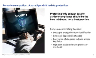 Focus on eliminating barriers:
• Decouple encryption from classification
• Extensive application changes
• Encryption of database indexes and/or
key fields
• High cost associated with processor
overhead
Protecting only enough data to
achieve compliance should be the
bare minimum, not a best practice.
Pervasive encryption: A paradigm shift in data protection
IBM Systems Technical University © Copyright IBM Corporation 2019 5
 