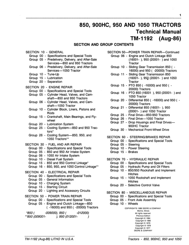 JOHN DEERE 950 TRACTOR Service Repair Manual