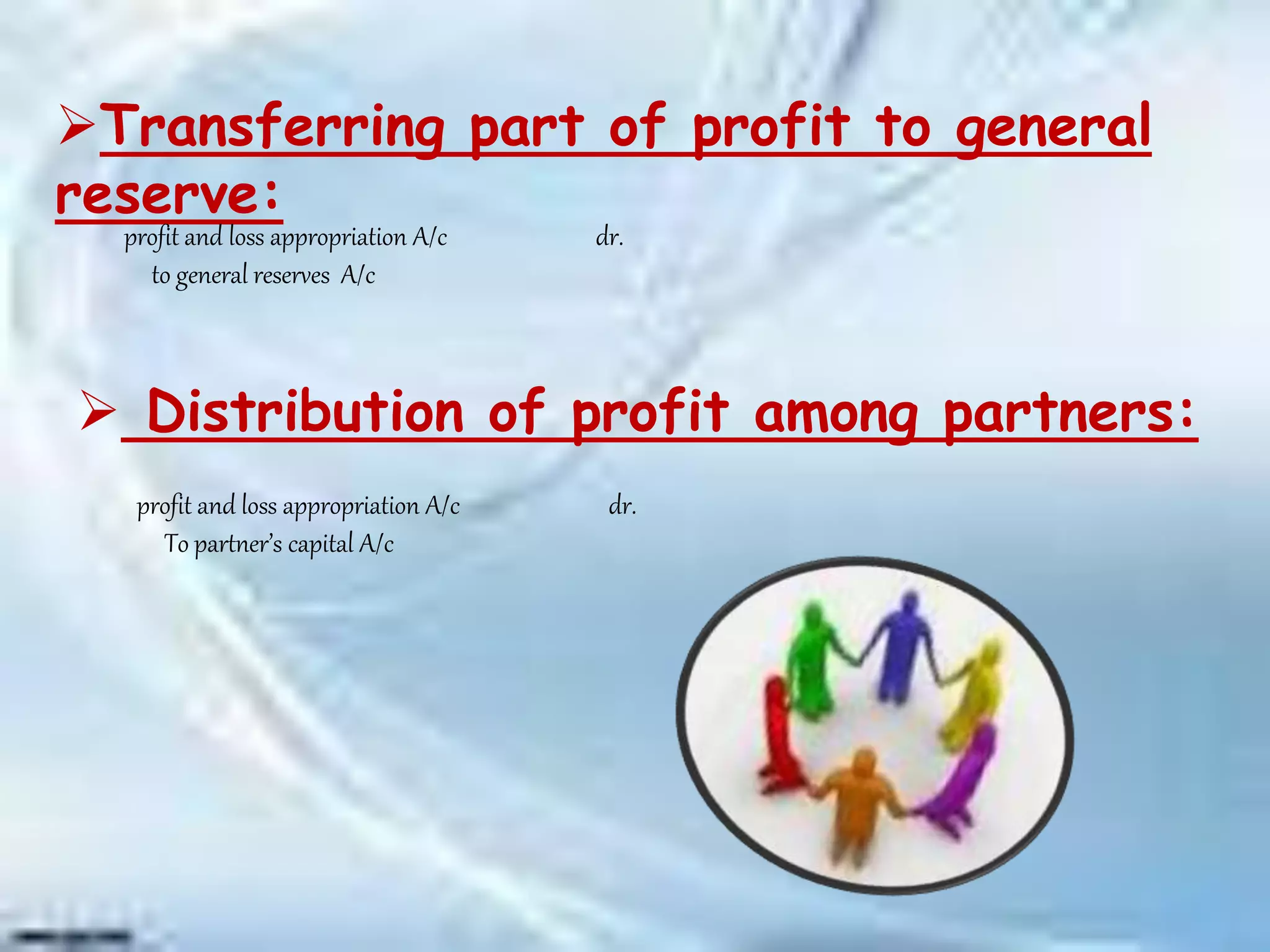 Transferring part of profit to general
reserve:
profit and loss appropriation A/c dr.
to general reserves A/c
 Distribution of profit among partners:
profit and loss appropriation A/c dr.
To partner’s capital A/c
 