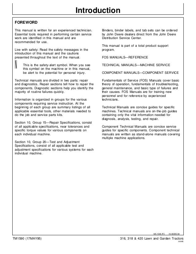 john deere 318 lawn garden tractor service repair manual