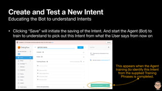 Create and Test a New Intent
Educating the Bot to understand Intents
• Clicking “Save” will initiate the saving of the Intent. And start the Agent (Bot) to
train to understand to pick out this Intent from what the User says from now on
This appears when the Agent
training (to identify this Intent
from the supplied Training
Phrases is completed.
 