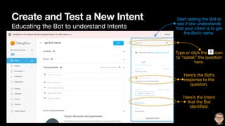Here’s the Bot’s
response to the
question.
Create and Test a New Intent
Educating the Bot to understand Intents
Start testing the Bot to
see if she understands
that your intent is to get
the Bot’s name.
Type or click the icon
to “speak” the question
here.
Here’s the Intent
that the Bot
identiﬁed.
 
