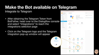 Make the Bot available on Telegram
Integrate to Telegram
• After obtaining the Telegram Token from
BotFather, head over to the Dialogﬂow console
and select “Integrations” to reach the
integrations selection page

• Click on the Telegram logo and the Telegram
integration pop-up window will appear
 