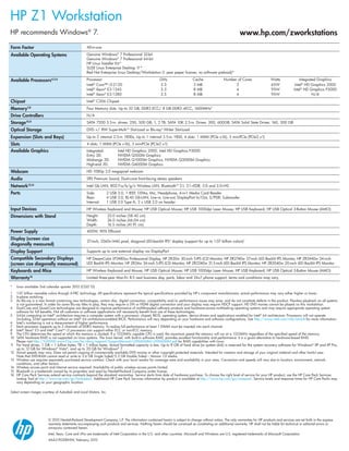 HP Z1 Workstation
HP recommends Windows® 7.                                                                                                                                    www.hp.com/zworkstations
Form Factor                                         All-in-one

Available Operating Systems                         Genuine Windows® 7 Professional 32-bit
                                                    Genuine Windows® 7 Professional 64-bit
                                                    HP Linux Installer Kit*
                                                    SUSE Linux Enterprise Desktop 11*
                                                    Red Hat Enterprise Linux Desktop/Workstation (1 year paper license; no software preload)*

Available Processors4,5,6                           Processor                                         GHz                   Cache                 Number of Cores                 Watts               Integrated Graphics
                                                    Intel® Core™ i3-2120                              3.3                   3 MB                        2                         65W              Intel® HD Graphics 2000
                                                    Intel® Xeon® E3-1245                              3.3                   8 MB                        4                         95W             Intel® HD Graphics P3000
                                                    Intel® Xeon® E3-1280                              3.5                   8 MB                        4                         95W                         N/A
Chipset                                             Intel® C206 Chipset

Memory     7,8                                      Four Memory slots. Up to 32 GB, DDR3 ECC/ 8 GB DDR3 nECC, 1600MHz9
Drive Controllers                                   N/A
Storage10,11                                        SATA 7200 3.5-in. drives: 250, 500 GB, 1, 2 TB; SATA 10K 2.5-in. Drives: 300, 600GB; SATA Solid State Drives: 160, 300 GB

Optical Storage                                     DVD +/- RW Super-Multi12 Slot-Load or Blu-ray3 Writer Slot-Load

Expansion (Slots and Bays)                          Up to 2 internal 2.5-in. HDDs, Up to 1 internal 3.5-in. HDD, 4 slots: 1 MXM (PCIe x16), 3 miniPCIe (PCIe2 x1)
Slots                                               4 slots: 1 MXM (PCIe x16), 3 miniPCIe (PCIe2 x1)
Available Graphics                                  Integrated: 	  Intel HD Graphics 2000, Intel HD Graphics P3000
                                                    Entry 3D: 	    NVIDIA Q500M Graphics
                                                    Midrange 3D: 	 NVIDIA Q1000M Graphics, NVIDIA Q3000M Graphics
                                                    High-end 3D: 	NVIDIA Q4000M Graphics

Webcam                                              HD 1080p 2.0 megapixel webcam

Audio                                               SRS Premium Sound, Dual-cone front-facing stereo speakers

Network     13,14                                   Intel Gb LAN, 802.11a/b/g/n Wireless LAN, Bluetooth15 2.1, 2.1+EDR, 3.0 and 3.0+HS
Ports                                               Side: 	       2 USB 3.0, 1 IEEE 1394a, Mic, Headphone, 4-in-1 Media Card Reader
                                                    Rear: 	       4 USB 2.0, RJ-45 Gb-LAN, Line-in, Line-out, DisplayPort In/Out, S/PDIF, Subwoofer
                                                    Internal: 	   1 USB 2.0 Type A, 2 x USB 2.0 on header
Input Devices                                       HP Wireless Keyboard and Mouse; HP USB Optical Mouse; HP USB 1000dpi Laser Mouse; HP USB Keyboard; HP USB Optical 3-Button Mouse (AMO)
Dimensions with Stand                               Height:	       23.0 inches (58.42 cm)
                                                    Width:	        26.0 inches (66.04 cm)
                                                    Depth:	        16.5 inches (41.91 cm)
Power Supply                                        400W, 90% Efficient

Display (screen size
                                                    27-inch, 2560x1440 pixel, diagonal LED-backlit IPS2 display (support for up to 1.07 billion colors)1
diagonally measured)
Display Support                                     Supports up to one external display via DisplayPort
Compatible Secondary Displays                       HP DreamColor LP2480zx Professional Display, HP ZR30w 30-inch S-IPS LCD Monitor, HP ZR2740w 27-inch LED Backlit IPS Monitor, HP ZR2440w 24-inch
(screen size diagonally measured)                   LED Backlit IPS Monitor, HP ZR24w 24-inch S-IPS LCD Monitor, HP ZR2240w 21.5-inch LED Backlit IPS Monitor, HP ZR2040w 20-inch LED Backlit IPS Monitor

Keyboards and Mice                                  HP Wireless Keyboard and Mouse; HP USB Optical Mouse; HP USB 1000dpi Laser Mouse; HP USB Keyboard; HP USB Optical 3-Button Mouse (AMO)
Warranty16                                          Limited three-year Mon-Fri 8-5 next business day, parts, labor and 24x7 phone support, terms and conditions may vary.

*	 Linux available 2nd calendar quarter 2012 (CQ2’12)
1	 1.07 billion viewable colors through A-FRC technology. All specifications represent the typical specifications provided by HP’s component manufacturers; actual performance may vary either higher or lower.
2	 In-plane switching
3	 As Blu-ray is a new format containing new technologies, certain disc, digital connection, compatibility and/or performance issues may arise, and do not constitute defects in the product. Flawless playback on all systems 		
	   is not guaranteed. In order for some Blu-ray titles to play, they may require a DVI or HDMI digital connection and your display may require HDCP support. HD DVD movies cannot be played on this workstation.
4	 Dual-Core and Quad-Core technologies are designed to improve performance of multithreaded software products and hardware-aware multitasking operating systems and may require appropriate operating system 		
	   software for full benefits; Not all customers or software applications will necessarily benefit from use of these technologies.
5	 64-bit computing on Intel® architecture requires a computer system with a processor, chipset, BIOS, operating system, device drivers and applications enabled for Intel® 64 architecture. Processors will not operate
    (including 32-bit operation) without an Intel® 64 architecture-enabled BIOS. Performance will vary depending on your hardware and software configurations. See http://www.intel.com/info/em64t for more information.
6	 Intel’s numbering is not a measurement of higher performance.
7	 Each processor supports up to 2 channels of DDR3 memory. To realize full performance at least 1 DIMM must be inserted into each channel.
8	Intel® Xeon® E3 and Intel® CoreTM i3 processors can support either ECC or non-ECC memory.
9	 The CPU determines the speed at which the memory is clocked. If a 1333MHz capable CPU is used, the maximum speed the memory will run at is 1333MHz regardless of the specified speed of the memory.
10 	SATA hardware RAID is not supported on Linux systems. The Linux kernel, with built-in software RAID, provides excellent functionality and performance. It is a good alternative to hardware-based RAID.
	   Please visit http://h20000.www2.hp.com/bc/docs/support/SupportManual/c00060684/c00060684.pdf for RAID capabilities with Linux.
1 For hard drives, 1 GB = 1 billion bytes. TB = 1 trillion bytes. Actual formatted capacity is less. Up to 8 GB of hard drive (or system disk) is reserved for the system recovery software for Windows® XP and XP Pro,
  1	
    up to 12 GB for Windows® Vista®, and up to 20 GB for Windows® 7.
12	Actual speeds may vary. Does not permit copying of commercially available DVD movies or other copyright protected materials. Intended for creation and storage of your original material and other lawful uses.
    Note that DVD-RAM cannot read or write to 2.6 GB Single Sided/5.2 GB Double Sided – Version 1.0 media.
13	 Wireless use requires separately purchased service contract. Check with your local vendor for coverage area and availability in your area. Connection and speeds will vary due to location, environment, network
	   conditions, and other factors.
14	 Wireless access point and Internet service required. Availability of public wireless access points limited.
15	 Bluetooth is a trademark owned by its proprietor and used by Hewlett-Packard Company under license.
16	 Care Pack Services extend service contracts beyond the standard warranties. Service starts from date of hardware purchase. To choose the right level of service for your HP product, use the HP Care Pack Services
    HP
    Lookup Tool at http://www.hp.com/go/lookuptool. Additional HP Care Pack Services information by product is available at http://www.hp.com/go/carepack. Service levels and response times for HP Care Packs may
    vary depending on your geographic location.

Select screen images courtesy of Autodesk and Local Motors, Inc.




                         © 2012 Hewlett-Packard Development Company, L.P. The information contained herein is subject to change without notice. The only warranties for HP products and services are set forth in the express
                         warranty statements accompanying such products and services. Nothing herein should be construed as constituting an additional warranty. HP shall not be liable for technical or editorial errors or
                         omissions contained herein.
                         Intel, Xeon, Core and vPro are trademarks of Intel Corporation in the U.S. and other countries. Microsoft and Windows are U.S. registered trademarks of Microsoft Corporation.
                         4AA3-9530ENW, February 2012
 