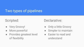 Two types of pipelines
Scripted:
● Very Groovy!
● More powerful
● Provides greatest level
of flexibility
Declarative:
● Only a little Groovy
● Simpler to maintain
● Easier to read and
understand
 