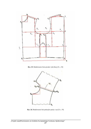 „Projekt współfinansowany ze środków Europejskiego Funduszu Społecznego”
27
Rys. 25. Modelowanie form przodu i tyłu bluzy [9, s. 38]
Rys. 26. Modelowanie linii pokrojów pachy i szyi [9, s. 39]
 
