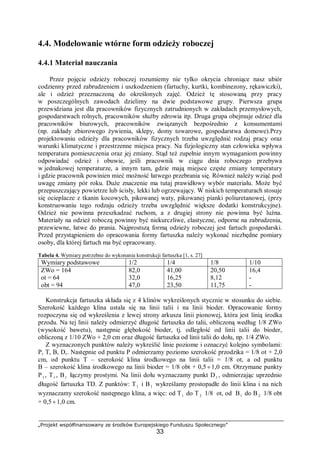 „Projekt współfinansowany ze środków Europejskiego Funduszu Społecznego”
33
4.4. Modelowanie wtórne form odzieży roboczej
4.4.1 Materiał nauczania
Przez pojęcie odzieży roboczej rozumiemy nie tylko okrycia chroniące nasz ubiór
codzienny przed zabrudzeniem i uszkodzeniem (fartuchy, kurtki, kombinezony, rękawiczki),
ale i odzież przeznaczoną do określonych zajęć. Odzież tę stosowaną przy pracy
w poszczególnych zawodach dzielimy na dwie podstawowe grupy. Pierwsza grupa
przewidziana jest dla pracowników fizycznych zatrudnionych w zakładach przemysłowych,
gospodarstwach rolnych, pracowników służby zdrowia itp. Druga grupa obejmuje odzież dla
pracowników biurowych, pracowników związanych bezpośrednio z konsumentami
(np. zakłady zbiorowego żywienia, sklepy, domy towarowe, gospodarstwa domowe).Przy
projektowaniu odzieży dla pracowników fizycznych trzeba uwzględnić rodzaj pracy oraz
warunki klimatyczne i przestrzenne miejsca pracy. Na fizjologiczny stan człowieka wpływa
temperatura pomieszczenia oraz jej zmiany. Stąd też zupełnie innym wymaganiom powinny
odpowiadać odzież i obuwie, jeśli pracownik w ciągu dnia roboczego przebywa
w jednakowej temperaturze, a innym tam, gdzie mają miejsce częste zmiany temperatury
i gdzie pracownik powinien mieć możność łatwego przebrania się. Również należy wziąć pod
uwagę zmiany pór roku. Duże znaczenie ma tutaj prawidłowy wybór materiału. Może być
przepuszczający powietrze lub ścisły, lekki lub ogrzewający. W niskich temperaturach stosuje
się ocieplacze z tkanin kocowych, pikowanej waty, pikowanej pianki poliuretanowej, (przy
konstruowaniu tego rodzaju odzieży trzeba uwzględnić większe dodatki konstrukcyjne).
Odzież nie powinna przeszkadzać ruchom, a z drugiej strony nie powinna być luźna.
Materiały na odzież roboczą powinny być niekurczliwe, elastyczne, odporne na zabrudzenia,
przewiewne, łatwe do prania. Najprostszą formą odzieży roboczej jest fartuch gospodarski.
Przed przystąpieniem do opracowania formy fartuszka należy wykonać niezbędne pomiary
osoby, dla której fartuch ma być opracowany.
Tabela 4. Wymiary potrzebne do wykonania konstrukcji fartuszka [1, s. 27]
Wymiary podstawowe 1/2 1/4 1/8 1/10
ZWo = 164
ot = 64
obt = 94
82,0
32,0
47,0
41,00
16,25
23,50
20,50
8,12
11,75
16,4
-
-
Konstrukcja fartuszka składa się z 4 klinów wykreślonych stycznie w stosunku do siebie.
Szerokość każdego klina ustala się na linii talii i na linii bioder. Opracowanie formy
rozpoczyna się od wykreślenia z lewej strony arkusza linii pionowej, która jest linią środka
przodu. Na tej linii należy odmierzyć długość fartuszka do talii, obliczoną według 1/8 ZWo
(wysokość bawetu), następnie głębokość bioder, tj. odległość od linii talii do bioder,
obliczoną z 1/10 ZWo + 2,0 cm oraz długość fartuszka od linii talii do dołu, np. 1/4 ZWo.
Z wyznaczonych punktów należy wykreślić linie poziome i oznaczyć kolejno symbolami:
P, T, B, D,. Następnie od punktu P odmierzamy poziomo szerokość przodzika = 1/8 ot + 2,0
cm, od punktu T – szerokość klina środkowego na linii talii = 1/8 ot, a od punktu
B – szerokość klina środkowego na linii bioder = 1/8 obt + 0,5÷1,0 cm. Otrzymane punkty
P1 , T1 , B1 łączymy prostymi. Na linii dołu wyznaczamy punkt D1 , odmierzając uprzednio
długość fartuszka TD. Z punktów: T1 i B1 wykreślamy prostopadłe do linii klina i na nich
wyznaczamy szerokość następnego klina, a więc: od T1 do T2 1/8 ot, od B1 do B 2 1/8 obt
+ 0,5÷1,0 cm.
 
