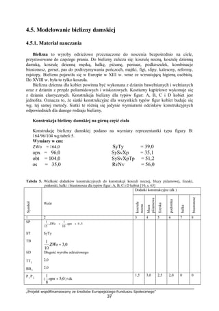 „Projekt współfinansowany ze środków Europejskiego Funduszu Społecznego”
37
4.5. Modelowanie bielizny damskiej
4.5.1. Materiał nauczania
Bielizna to wyroby odzieżowe przeznaczone do noszenia bezpośrednio na ciele,
przystosowane do częstego prania. Do bielizny zalicza się: koszulę nocną, koszulę dzienną
damską, koszulę dzienną męską, halkę, piżamę, peniuar, podkoszulek, kombinacje
biustonosz, gorset, pas do podtrzymywania pończoch, majtki, figi, slipy, kalesony, reformy,
rajstopy. Bielizna pojawiła się w Europie w XIII w. wraz ze wzrastającą higieną osobistą.
Do XVIII w. była to tylko koszula.
Bielizna dzienna dla kobiet powinna być wykonana z dzianin bawełnianych i wełnianych
oraz z dzianin z przędz poliamidowych i wiskozowych. Kostiumy kąpielowe wykonuje się
z dzianin elastycznych. Konstrukcja bielizny dla typów figur: A, B, C i D kobiet jest
jednolita. Oznacza to, że siatki konstrukcyjne dla wszystkich typów figur kobiet buduje się
wg. tej samej metody. Siatki te różnią się jedynie wymiarami odcinków konstrukcyjnych
odpowiednich dla danego rodzaju bielizny.
Konstrukcja bielizny damskiej na górną część ciała
Konstrukcję bielizny damskiej podano na wymiary reprezentantki typu figury B:
164/96/104 wg tabeli 5.
Wymiary w cm:
ZWo = 164,0 SyTy = 39,0
opx = 96,0 SySvXp = 35,1
obt = 104,0 SySvXpTp = 51,2
os = 35,0 RvNv = 56,0
Tabela 5. Wielkość dodatków konstrukcyjnych do konstrukcji koszuli nocnej, bluzy piżamowej, lizeski,
podomki, halki i biustonosza dla typów figur: A, B, C i D kobiet [10, s. 65]
Dodatki konstrukcyjne (dk )
Symbol
Wzór
koszula
nocna
bluza
piżamowa
lizeska
podomka
halka
biustonosz
1 2 3 4 5 6 7 8
SP 5,0
10
1
15
1
++ opxZWo
ST SyTy
TB
0,3
10
1
+ZWo
SD Długość wyrobu odzieżowego
TT1
2,0
BB1
2,0
P1 P 2
( 0,5
8
1
+opx )+dk
1,5 3,0 2,5 2,0 0 0
 