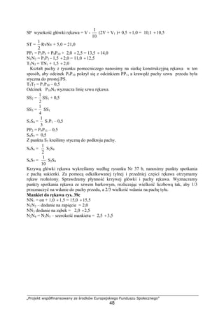 „Projekt współfinansowany ze środków Europejskiego Funduszu Społecznego”
48
SP wysokość główki rękawa = V -
10
1
(2V + V1 )+ 0,5 ÷1,0 = 10,1 ÷10,5
ST =
2
1
RvNv + 5,0 = 21,0
PP1 = P2P5 + P9P10 + 2,0 ÷2,5 = 13,5 ÷14,0
N1N2 = P1P2 - 1,5 ÷2,0 = 11,0 ÷12,5
T1N3 = TN1 + 1,5 ÷2,0
Kształt pachy z rysunku pomocniczego nanosimy na siatkę konstrukcyjną rękawa w ten
sposób, aby odcinek P9P10 pokrył się z odcinkiem PP1, a krawędź pachy szwu przodu była
styczna do prostej PS.
T1T2 = P1P10 – 0,5
Odcinek P10N4 wyznacza linię szwu rękawa.
SS2 =
2
1
SS1 + 0,5
SS3 =
4
1
SS1
S1S4 =
3
1
S1P1 – 0,5
PP2 = P9P11 – 0,5
S4S5 = 0,5
Z punktu S5 kreślimy styczną do podkroju pachy.
S4S6 =
2
1
S2S4
S6S7 =
10
1
S2S4
Krzywą główki rękawa wykreślamy według rysunku Nr 37 b, nanosimy punkty spotkania
z pachą sukienki. Za pomocą odkalkowanej tylnej i przedniej części rękawa otrzymamy
rękaw rozłożony. Sprawdzamy płynność krzywej główki i pachy rękawa. Wyznaczamy
punkty spotkania rękawa ze szwem barkowym, rozliczając wielkość liczbową tak, aby 1/3
przeznaczyć na wdanie do pachy przodu, a 2/3 wielkość wdania na pachę tyłu.
Mankiet do rękawa rys. 39c
NN1 = on + 1,0 ÷1,5 = 15,0 ÷15,5
N1N2 – dodanie na zapięcie = 2,0
NN3 dodanie na ząbek = 2,0 ÷2,5
N2N4 = N3N5 – szerokość mankietu = 2,5 ÷3,5
 