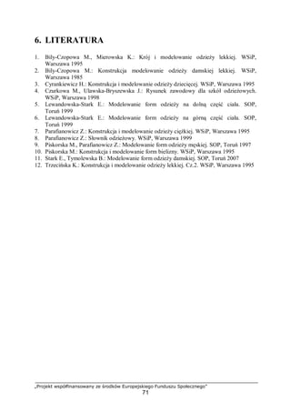 „Projekt współfinansowany ze środków Europejskiego Funduszu Społecznego”
71
6. LITERATURA
1. Bily-Czopowa M., Mierowska K.: Krój i modelowanie odzieży lekkiej. WSiP,
Warszawa 1995
2. Bily-Czopowa M.: Konstrukcja modelowanie odzieży damskiej lekkiej. WSiP,
Warszawa 1985
3. Cyrankiewicz H.: Konstrukcja i modelowanie odzieży dziecięcej. WSiP, Warszawa 1995
4. Czurkowa M., Ulawska-Bryszewska J.: Rysunek zawodowy dla szkół odzieżowych.
WSiP, Warszawa 1998
5. Lewandowska-Stark E.: Modelowanie form odzieży na dolną część ciała. SOP,
Toruń 1999
6. Lewandowska-Stark E.: Modelowanie form odzieży na górną część ciała. SOP,
Toruń 1999
7. Parafianowicz Z.: Konstrukcja i modelowanie odzieży ciężkiej. WSiP, Warszawa 1995
8. Parafianowicz Z.: Słownik odzieżowy. WSiP, Warszawa 1999
9. Piskorska M., Parafianowicz Z.: Modelowanie form odzieży męskiej. SOP, Toruń 1997
10. Piskorska M.: Konstrukcja i modelowanie form bielizny. WSiP, Warszawa 1995
11. Stark E., Tymolewska B.: Modelowanie form odzieży damskiej. SOP, Toruń 2007
12. Trzecińska K.: Konstrukcja i modelowanie odzieży lekkiej. Cz.2. WSiP, Warszawa 1995
 