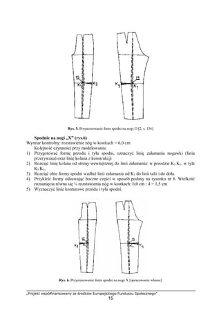 „Projekt współfinansowany ze środków Europejskiego Funduszu Społecznego”
15
Rys. 5. Przystosowanie form spodni na nogi O [2, s. 136]
Spodnie na nogi „X” (rys.6)
Wymiar kontrolny: rozstawienie nóg w kostkach = 6,0 cm
Kolejność czynności przy modelowaniu:
1) Przygotować formę przodu i tyłu spodni, oznaczyć linię załamania nogawki (linia
przerywana) oraz linię kolana z konstrukcji
2) Rozciąć linię kolana od strony wewnętrznej do linii załamania: w przodzie K3 K1, w tyle
K5 K1,
3) Rozciąć obie formy spodni wzdłuż linii załamania od K1 do linii talii i do dołu.
4) Przykleić formy odsuwając boczne części w sposób podany na rysunku nr 6. Wielkość
rozsunięcia równa się ¼ rozstawienia nóg w kostkach: 6,0 cm : 4 = 1,5 cm
5) Wyznaczyć linie konturowe przodu i tyłu spodni.
Rys. 6. Przystosowanie form spodni na nogi X [opracowanie własne]
 