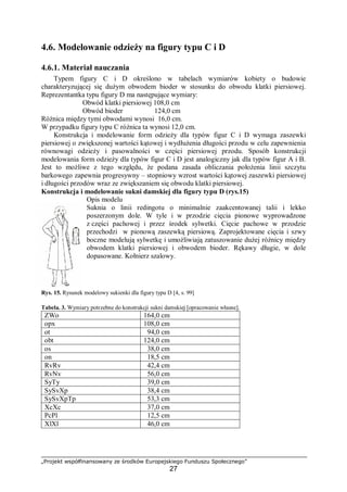 „Projekt współfinansowany ze środków Europejskiego Funduszu Społecznego”
27
4.6. Modelowanie odzieży na figury typu C i D
4.6.1. Materiał nauczania
Typem figury C i D określono w tabelach wymiarów kobiety o budowie
charakteryzującej się dużym obwodem bioder w stosunku do obwodu klatki piersiowej.
Reprezentantka typu figury D ma następujące wymiary:
Obwód klatki piersiowej 108,0 cm
Obwód bioder 124,0 cm
Różnica między tymi obwodami wynosi 16,0 cm.
W przypadku figury typu C różnica ta wynosi 12,0 cm.
Konstrukcja i modelowanie form odzieży dla typów figur C i D wymaga zaszewki
piersiowej o zwiększonej wartości kątowej i wydłużenia długości przodu w celu zapewnienia
równowagi odzieży i pasowalności w części piersiowej przodu. Sposób konstrukcji
modelowania form odzieży dla typów figur C i D jest analogiczny jak dla typów figur A i B.
Jest to możliwe z tego względu, że podana zasada obliczania położenia linii szczytu
barkowego zapewnia progresywny – stopniowy wzrost wartości kątowej zaszewki piersiowej
i długości przodów wraz ze zwiększaniem się obwodu klatki piersiowej.
Konstrukcja i modelowanie sukni damskiej dla figury typu D (rys.15)
Opis modelu
Suknia o linii redingotu o minimalnie zaakcentowanej talii i lekko
poszerzonym dole. W tyle i w przodzie cięcia pionowe wyprowadzone
z części pachowej i przez środek sylwetki. Cięcie pachowe w przodzie
przechodzi w pionową zaszewką piersiową. Zaprojektowane cięcia i szwy
boczne modelują sylwetkę i umożliwiają zatuszowanie dużej różnicy między
obwodem klatki piersiowej i obwodem bioder. Rękawy długie, w dole
dopasowane. Kołnierz szalowy.
Rys. 15. Rysunek modelowy sukienki dla figury typu D [4, s. 99]
Tabela. 3. Wymiary potrzebne do konstrukcji sukni damskiej [opracowanie własne].
ZWo 164,0 cm
opx 108,0 cm
ot 94,0 cm
obt 124,0 cm
os 38,0 cm
on 18,5 cm
RvRv 42,4 cm
RvNv 56,0 cm
SyTy 39,0 cm
SySvXp 38,4 cm
SySvXpTp 53,3 cm
XcXc 37,0 cm
PcPl 12,5 cm
XlXl 46,0 cm
 