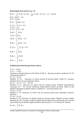 „Projekt współfinansowany ze środków Europejskiego Funduszu Społecznego”
31
Konstrukcja form rękawa (rys. 17)
R4 P11 = (
2
1
P10 R1+ P11 R3) - (
20
1
P10 R1 + P11 R3 ) - 1,5 ÷2,0 cm
R4 N = RvNv + 1,0
N N1= 2,0 cm
R4 T8 = 0,5
2
1
+RvNv
P11 P17 = P11 P14 – 0,5
P17 P18 = 1,0
P11 P19 = P2 P3 + 5,0
R5 R6 =
4
1
R4 P11
N N2= 13,0 cm
R4 R7 =
2
1
R4 R5 + 1,0
R4 R8 =
4
1
R4 R5 + 1,0
P11 P20 =
2
1
P11 P19 + 0,5
R6 R9 =
2
1
R6 R7
R6 R10 =
10
1
R6 R7
R8 R11 =
2
1
R8 P18
Modelowanie konstrukcyjne formy rękawa
T8 T10 = 0,5cm
T9 T11 = 1,5 cm
Zwężenie szerokości rękawa na linii łokcia. Punkt T11 łączymy prostymi z punktami: N2 i R6
otrzymujemy punkt P21
P’17 P22 = P14 P16
Odcinek P14 P16 mierzymy na formie przodu po krzywej pachy. Punkt P22 wyznacza
położenie linii szwu wewnętrznego rękawa
P22 P23 = P15 P13 + 0,5 ÷ 0,8 cm
Odcinek P15 P13 mierzymy na formie tyłu po krzywej pachy. Dodatek konstrukcyjny
wynoszący 0,5 ÷ 0,8 cm jest wielkością wdania główki rękawa do pachy. Punkt P23 jest
punktem montażowym główki rękawa z punktem P13 na krzywej pachy tyłu.
P23 R12 = P13 R1
Odcinek P13 R1 mierzymy na formie tyłu po krzywej pachy przy zamkniętej zaszewce
barkowej
P’17 R13 = P14 R3
Odcinek P14 R3 mierzymy na formie przodu po krzywej pachy. Długość krzywej między
punktami R12 R13 wyznacza wielkość wdania główki rękawa do krzywej pachy tyłu i przodu
części barkowej na odcinku między punktami montażowymi P13 P14 formy tyłu i przodu.
R13 R14 =
3
1
R12 R13
 