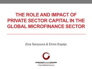 THE ROLE AND IMPACT OF
PRIVATE SECTOR CAPITAL IN THE
GLOBAL MICROFINANCE SECTOR


      Zina Sanyoura & Elvira Espejo
 
