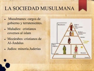 LA SOCIEDAD MUSULMANA
 Musulmanes: cargos de
gobierno y terratenientes.
 Muladíes: cristianos
coversos al islam
 Mozárabes: cristianos de
Al-Ándalus
 Judíos: minoría.Juderías
 