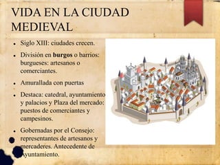 VIDA EN LA CIUDAD
MEDIEVAL
 Siglo XIII: ciudades crecen.
 División en burgos o barrios:
burgueses: artesanos o
comerciantes.
 Amurallada con puertas
 Destaca: catedral, ayuntamiento
y palacios y Plaza del mercado:
puestos de comerciantes y
campesinos.
 Gobernadas por el Consejo:
representantes de artesanos y
mercaderes. Antecedente de
Ayuntamiento.
 
