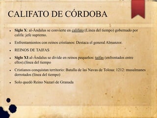 CALIFATO DE CÓRDOBA
 Siglo X: al-Ándalus se convierte en califato:(Línea del tiempo) gobernado por
califa: jefe supremo.
 Enfrentamientos con reinos cristianos: Destaca el general Almanzor.
 REINOS DE TAIFAS
 Siglo XI:al-Ándalus se divide en reinos pequeños: taifas (enfrentados entre
ellos).(línea del tiempo
 Cristianos conquistan territorio: Batalla de las Navas de Tolosa: 1212: musulmanes
derrotados (línea del tiempo)
 Solo quedó Reino Nazarí de Granada
 