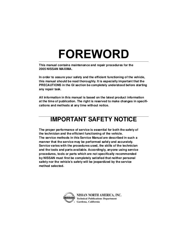 2005 Nissan Maxima Service Repair Manual 2005 Nissan Maxima Service Repair Manual