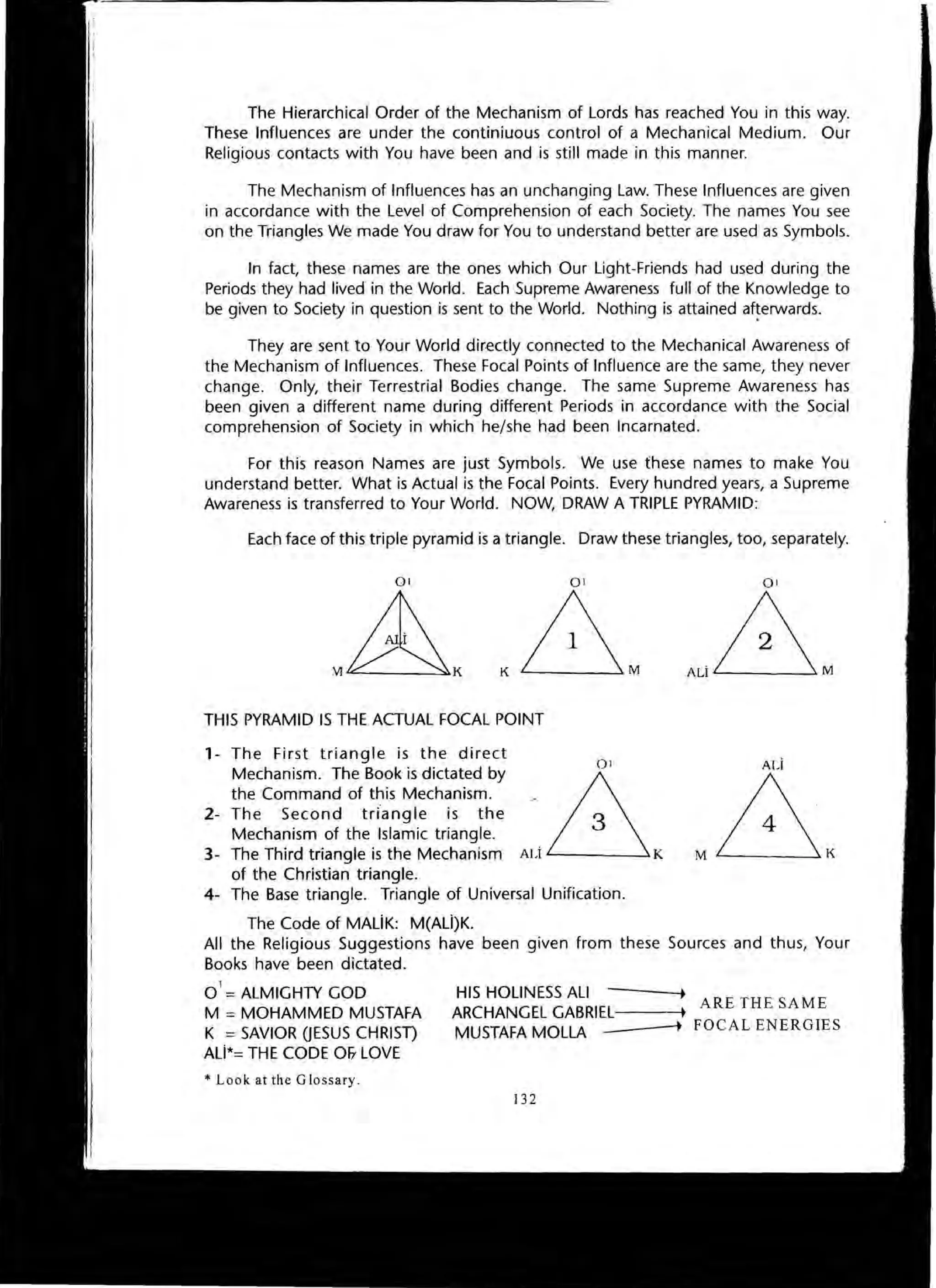 The Hierarchical Order of the Mechanism of Lords has reached You in this way.
These Influences are under the continiuous control of a Mechanical Medium. Our
Religious contacts with You have been and is still made in this manner.
The Mechanism of Influences has an unchanging Law. These Influences are given
in accordance with the Level of Comprehension of each Society. The names You see
on the Triangles We made You draw for You to understand better are used as Symbols.
In fact, these names are the ones which Our Light-Friends had used during the
Periods they had lived in the World. Each Supreme Awareness full of the Knowledge to
be given to Society in question is sent to the World. Nothing is attained a~erwards.
They are sent to Your World directly connected to the Mechanical Awareness of
the Mechanism of Influences. These Focal Points of Influence are the same, they never
change. Only, their Terrestrial Bodies change. The same Supreme Awareness has
been given a different name during different Periods in accordance with the Social
comprehension of Society in which he/she had been Incarnated.
For this reason Names are just Symbols. We use these names to make You
understand better. What is Actual is the Focal Points. Every hundred years, a Supreme
Awareness is transferred to Your World. NOW, DRAW A TRIPLE PYRAMID:
Each face of this triple pyramid is a triangle. Draw these triangles, too, separately.
01
V1~----=K
THIS PYRAMID IS THE ACTUAL FOCAL POINT
1- The First triangle is the direct
Mechanism. The Book is dictated by
the Command of this Mechanism.
2- The Second triangle is the
Mechanism of the Islamic triangle.
01
3- The Third triangle is the Mechanism ALi ~------>.K
of the Christian triangle.
4- The Base triangle. Triangle of Universal Unification.
The Code of MAliK: M(ALi)K.
ALi
M '----__-..l. K
All the Religious Suggestions have been given from these Sources and thus, Your
Books have been dictated.
0
1
=ALMIGHTY GOD
M =MOHAMMED MUSTAFA
K =SAVIOR OESUS CHRIST)
ALi*= THE CODE 011 LOVE
* Look at the Glossary.
HIS HOLINESS ALI ..
ARCHANGEL GABRIEL--'--' ARE THE SAME
MUSTAFA MOLLA ..... FOCAL ENERGIES
132
 