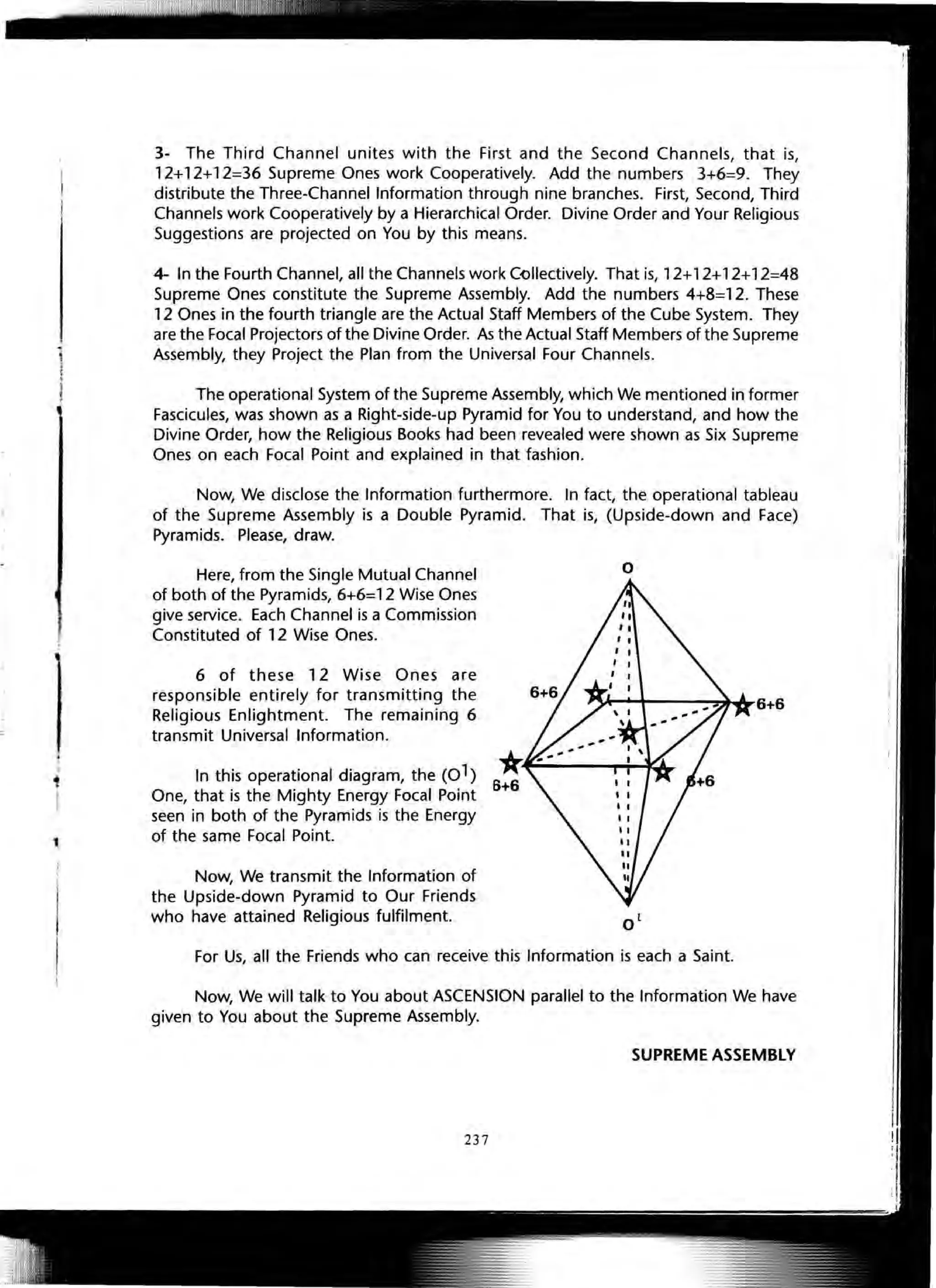 3- The Third Channel unites with the First and the Second Channels, that is,
12+12+12=36 Supreme Ones work Cooperatively. Add the numbers 3+6=9. They
distribute the Three-Channel Information through nine branches. First, Second, Third
Channels work Cooperatively by a Hierarchical Order. Divine Order and Your Religious
Suggestions are projected on You by this means.
4- In the Fourth Channel, all the Channels work Collectively. That is, 12+12+12+12=48
Supreme Ones constitute the Supreme Assembly. Add the numbers 4+8=12. These
12 Ones in the fourth triangle are the Actual Staff Members of the Cube System. They
are the Focal Projectors of the Divine Order. As the Actual Staff Members of the Supreme
Assembly, they Project the Plan from the Universal Four Channels.
The operational System of the Supreme Assembly, which We mentioned in former
Fascicules, was shown as a Right-side-up Pyramid for You to understand, and how the
Divine Order, how the Religious Books had been revealed were shown as Six Supreme
Ones on each Focal Point and explained in that fashion.
Now, We disclose the Information furthermore. In fact, the operational tableau
of the Supreme Assembly is a Double Pyramid. That is, (Upside-down and Face)
Pyramids. Please, draw.
Here, from the Single Mutual Channel
of both of the Pyramids, 6+6=12 Wise Ones
give service. Each Channel is a Commission
Constituted of 12 Wise Ones.
6 of these 12 Wise Ones are
responsible entirely for transmitting the
Religious Enlightment. The remaining 6
transmit Universal Information.
In this operational diagram, the (01)
One, that is the Mighty Energy Focal Point
seen in both of the Pyramids is the Energy
of the same Focal Point.
Now, We transmit the Information of
the Upside-down Pyramid to Our Friends
who have attained Religious fulfilment.
o
For Us, all the Friends who can receive this Information is each a Saint.
Now, We will talk to You about ASCENSION parallel to the Information We have
given to You about the Supreme Assembly.
SUPREME ASSEMBLY
237
 