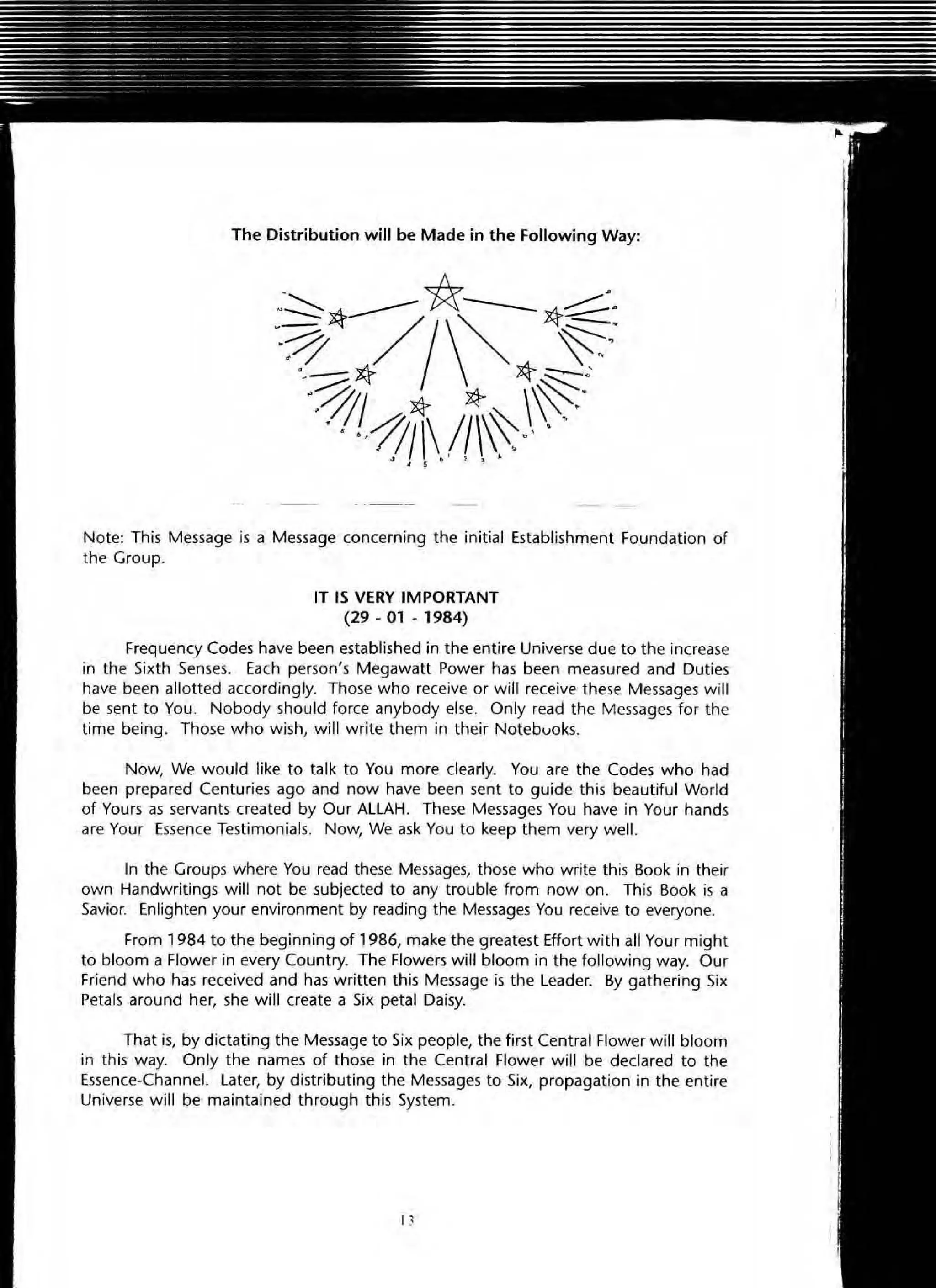 The Distribution will be Made in the Following Way:
Note: This Message is a Message concerning the initial Establishment Foundation of
the Group.
IT IS VERY IMPORTANT
(29 - 01 - 1984)
Frequency Codes have been established in the entire Universe due to the increase
in the Sixth Senses. Each person's Megawatt Power has been measured and Duties
have been allotted accordingly. Those who receive or will receive these Messages will
be sent to You. Nobody should force anybody else. Only read the Messages for the
time being. Those who wish, will write them in their Notebuoks.
Now, We would like to talk to You more clearly. You are the Codes who had
been prepared Centuries ago and now have been sent to guide this beautiful World
of Yours as servants created by Our ALLAH. These Messages You have in Your hands
are Your Essence Testimonials. Now, We ask You to keep them very well.
In the Groups where You read these Messages, those who write this Book in their
own Handwritings will not be subjected to any trouble from now on. This Book is a
Savior. Enlighten your environment by reading the Messages You receive to everyone.
From 1984 to the beginning of 1986, make the greatest Effort with all Your might
to bloom a Flower in every Country. The Flowers will bloom in the following way. Our
Friend who has received and has written this Message is the Leader. By gathering Six
Petals around her, she will create a Six petal Daisy.
That is, by dictating the Message to Six people, the first Central Flower will bloom
in this way. Only the names of those in the Central Flower will be declared to the
Essence-Channel. Later, by distributing the Messages to Six, propagation in the entire
Universe will be maintained through this System.
13
 